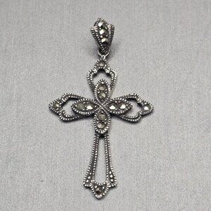 VTG Sterling Silver Marcasite Cross Pendant 1.5" Cutout Accents Signed MD